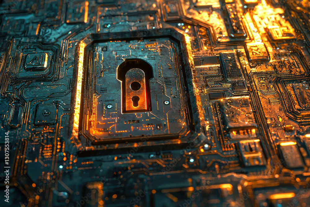 Poster A glowing keyhole etched into a circuit board symbolizes digital security and data protection.