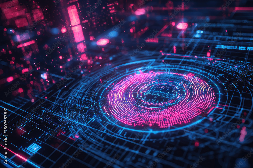 Poster abstract digital illustration depicting a futuristic technological interface with glowing pink and b