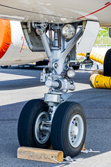 Landing gear on an airliner.