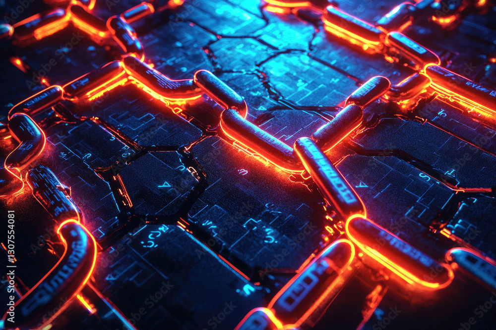 Poster glowing chain links on a futuristic, cracked circuit board, representing digital security or blockch