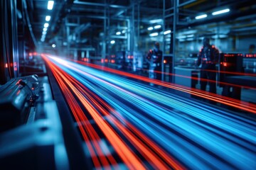 Modern factory showcasing vibrant laser beams during production process at night