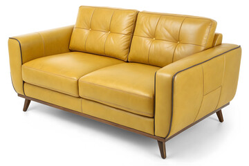 A perfectly centered, front-facing view of a modern two-seater caramel-brown leather sofa
