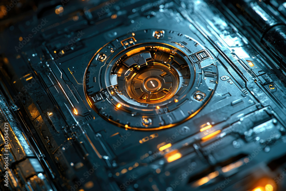 Poster close-up of a futuristic technological device with intricate details and glowing orange accents.