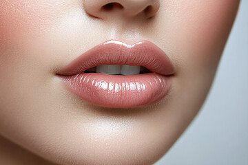 Obraz premium Close up of beautiful natural woman mouth and lips. Beauty and cosmetics banner. Perfect natural lip makeup.