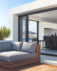 Fototapeta premium Modern outdoor lounge area with stunning ocean view and minimalist design