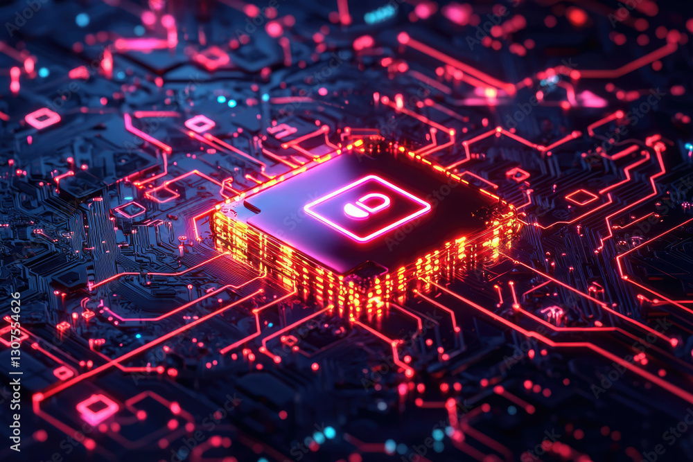 Poster cybersecurity concept: glowing padlock on a circuit board, representing digital data protection and 