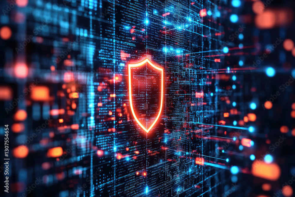 Fototapete a glowing red shield symbolizes cybersecurity within a digital landscape of data streams and code.