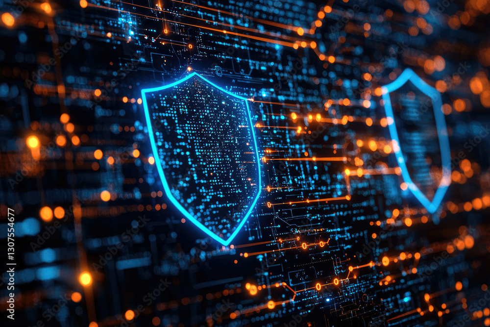 Poster cybersecurity digital shield protecting data and network infrastructure, ensuring online safety and 