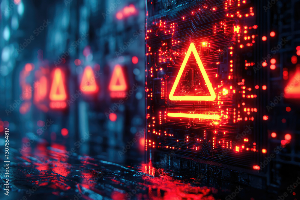 Poster Cybersecurity warning: A glowing red warning triangle on a circuit board signifies a critical system alert.
