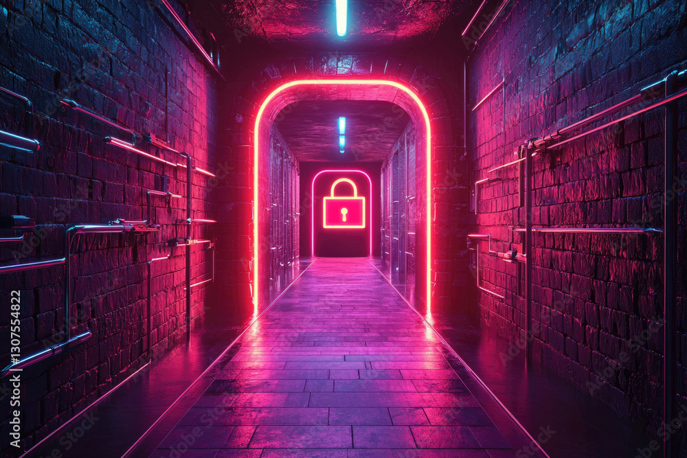 Poster neon-lit corridor with a padlock symbol at the end, symbolizing digital security.