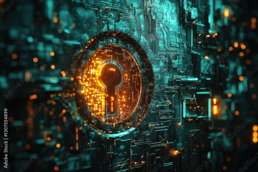 Aufkleber Digital keyhole embedded in a futuristic circuit board, symbolizing cybersecurity and data protection.