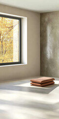 Fototapeta premium Natural light fills a minimalist room with autumn views and a simple seating arrangement