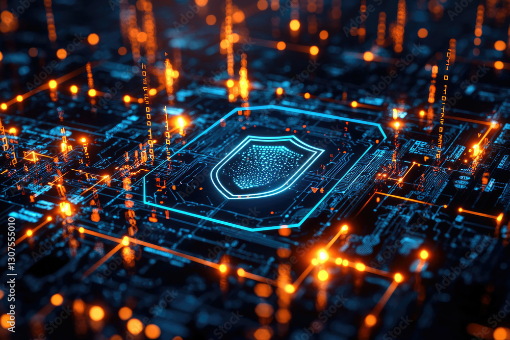 Poster Cybersecurity shield on a digital circuit board, symbolizing data protection and network security.