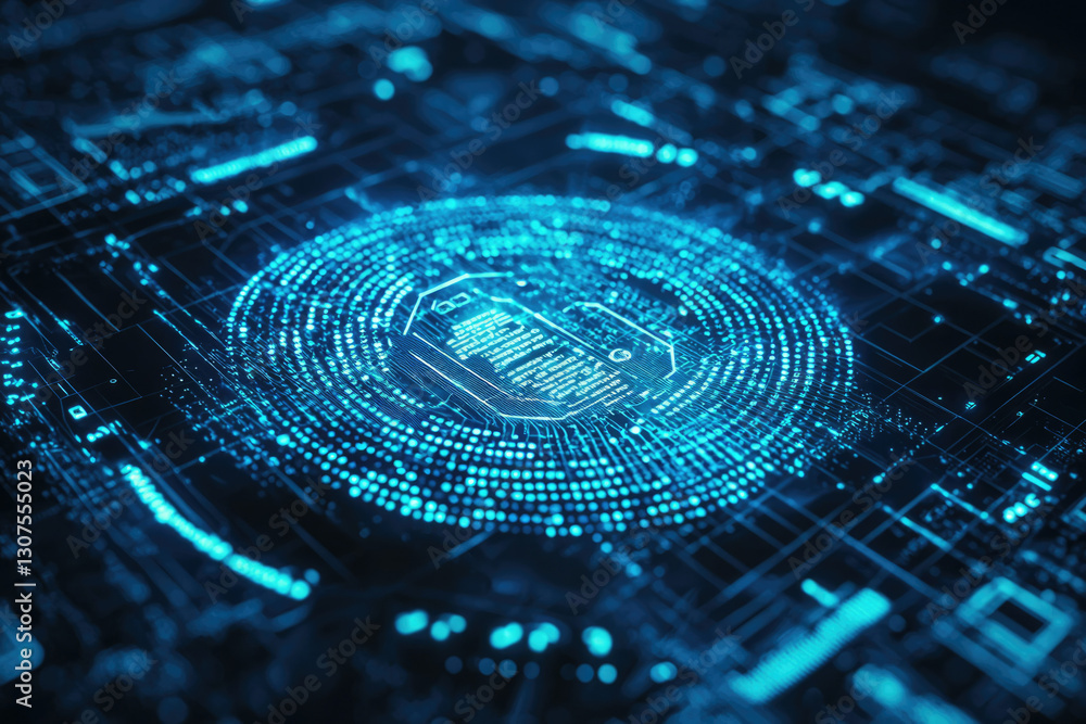 Poster Abstract digital data visualization; glowing blue circuit board with concentric circles and encoded information.