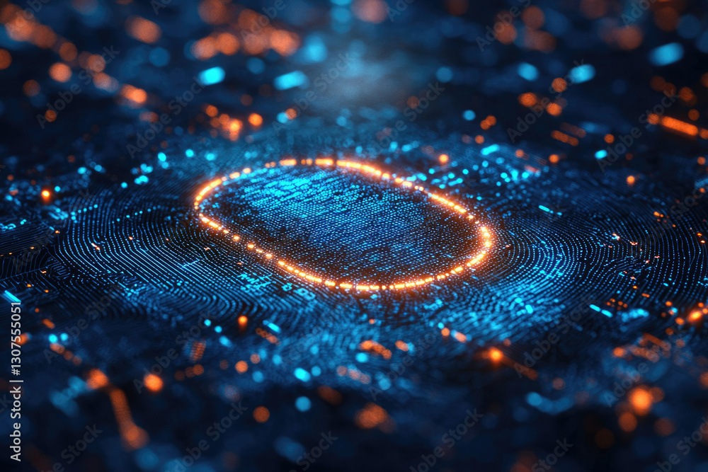 Poster digital fingerprint on a circuit board, glowing with orange light, representing digital identity and
