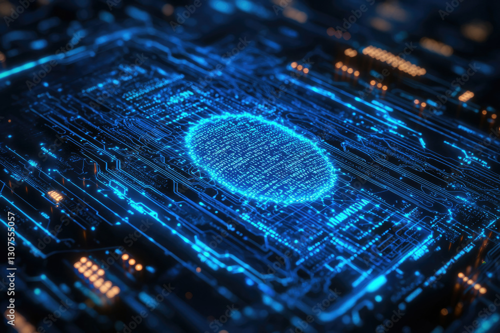 Aufkleber Abstract digital brain data processing on a circuit board, glowing blue lines representing neural network connections and information flow.