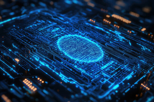 Abstract digital brain data processing on a circuit board, glowing blue lines representing neural network connections and information flow.