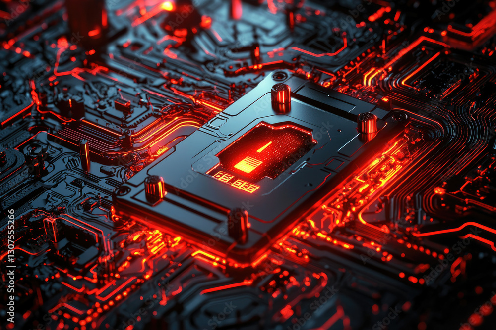 Aufkleber Close-up of a futuristic computer motherboard with glowing red circuits and a central processing unit.