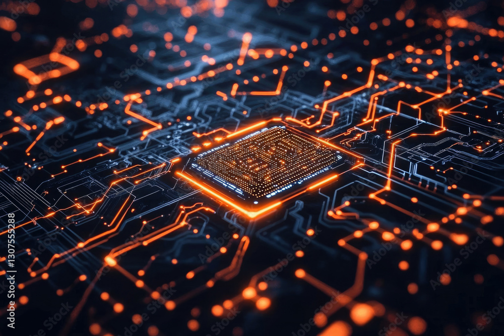 Poster close-up of a glowing microchip's intricate circuitry, showcasing technological advancement.