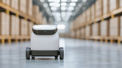 A small autonomous robot is navigating an industrial warehouse filled with neatly stacked boxes, showcasing advanced automation technology.