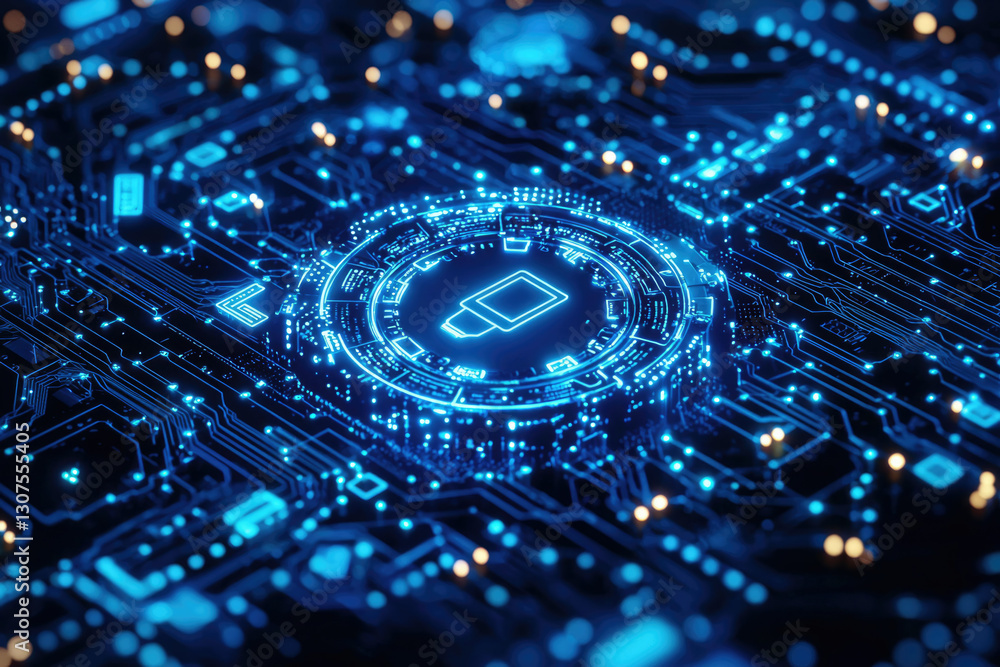 Poster Digital data storage concept: USB icon glowing on a futuristic circuit board, symbolizing secure and efficient information technology.