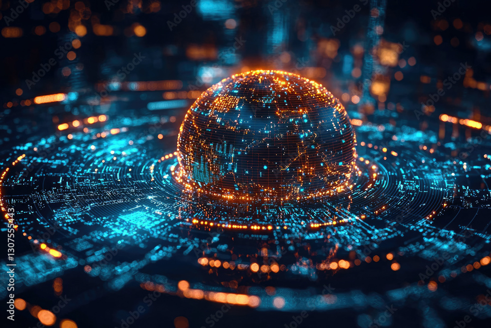 Poster A glowing digital globe, illustrating global interconnectedness and data flow through intricate networks.