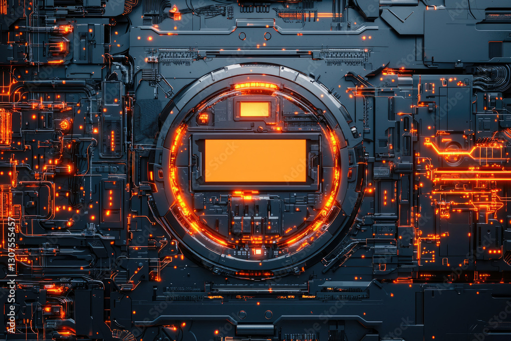 Poster abstract digital artwork depicting a futuristic technological circuit board with glowing orange elem