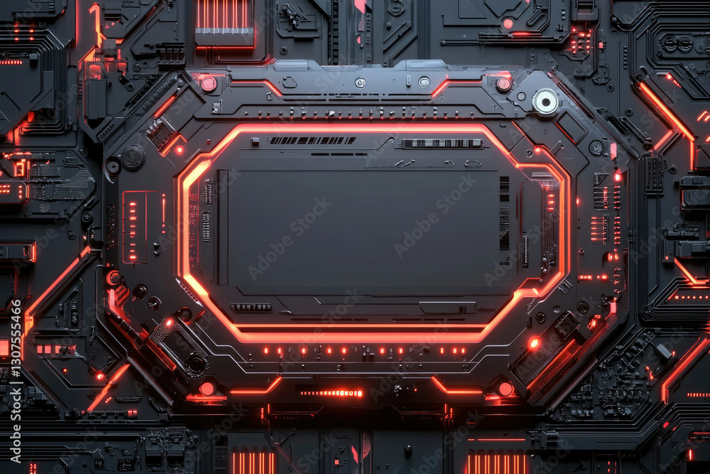 Poster Futuristic technology background with glowing red circuits and a central black panel.