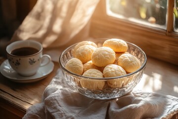 Freshly Baked Cookies in a Clear Bowl with Coffee on a Table