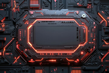 Futuristic technology background with glowing red circuits and a central black panel.
