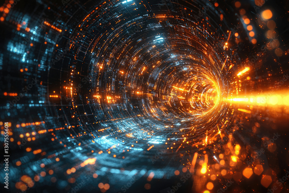 Poster Abstract digital tunnel with swirling orange and blue lights, representing data flow or virtual reality.