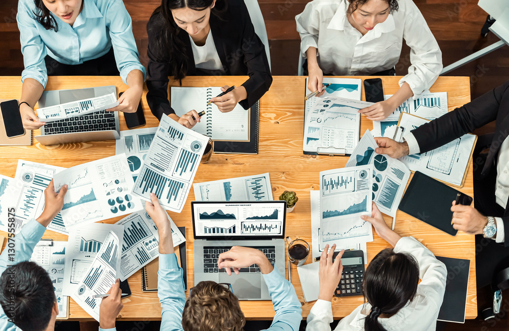 Poster panorama top view diverse group of business analyst team analyzing financial data report paper on me