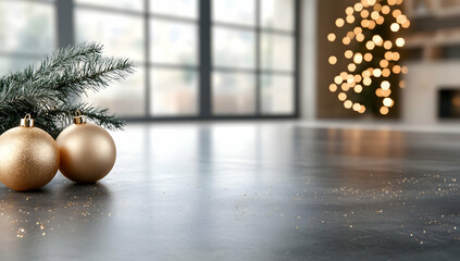 Festive gold Christmas ornaments on a table, modern living room with large window and blurry Christmas lights in the background, perfect for holiday greeting cards or website banners