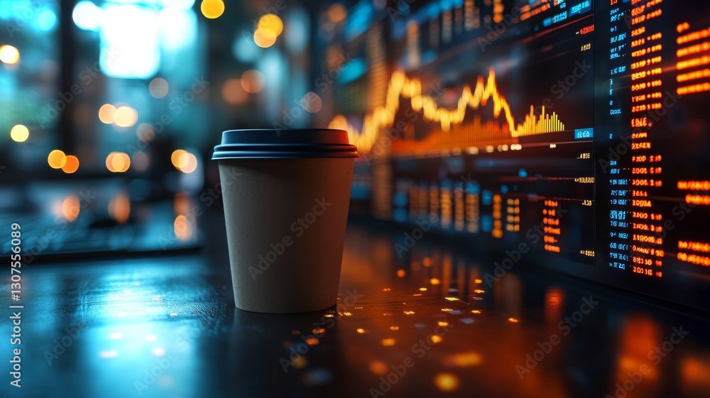 Poster coffee cup in front of financial data display with glowing graphs during a busy day