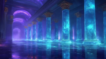 Obraz premium Ethereal blue light illuminates a majestic hall columns glow mysteriously creating a serene magical ambiance. AI Generated