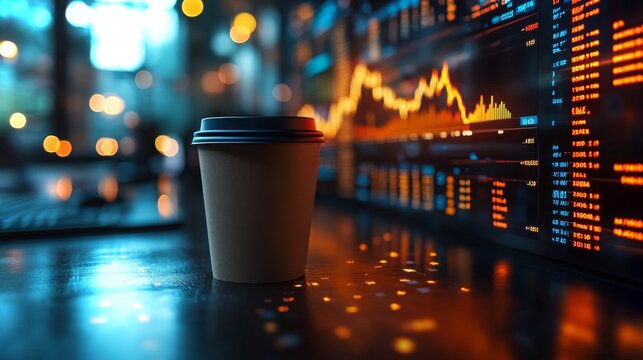 Coffee cup in front of financial data display with glowing graphs during a busy day
