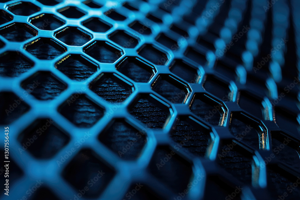 Poster close-up view of a hexagonal metal mesh, dark blue, abstract background.