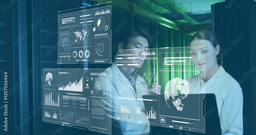 Poster analyzing data with digital interface, business professionals in server room working