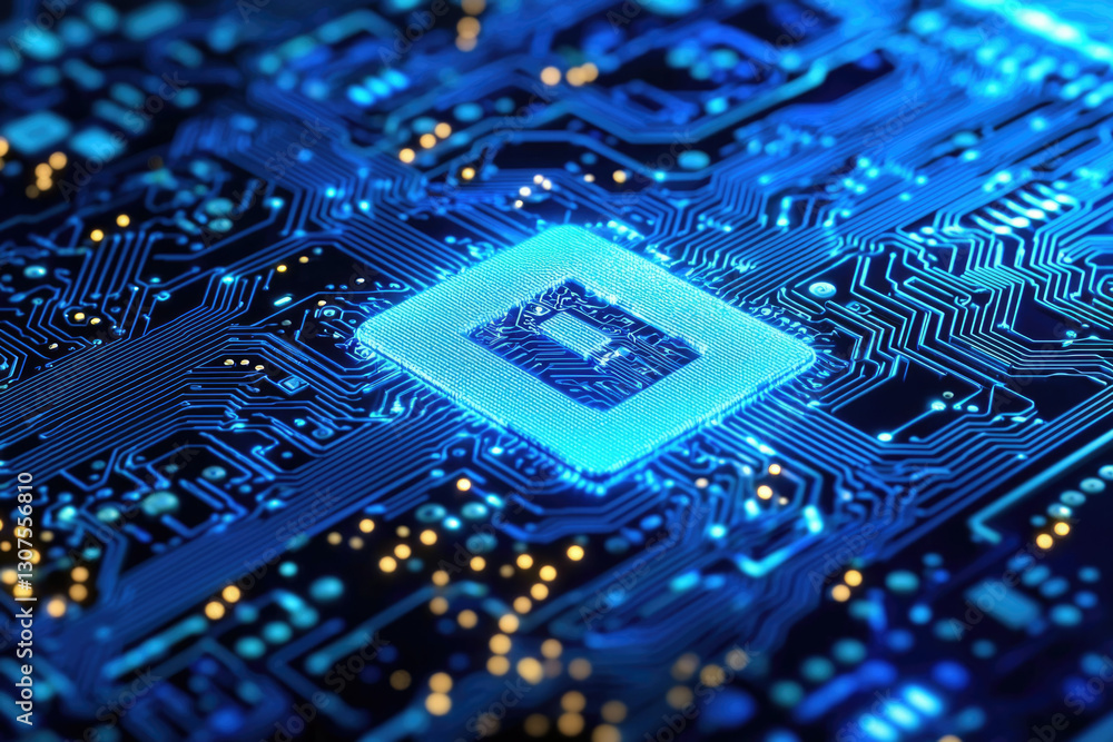 Poster close-up of a glowing blue microprocessor integrated into a circuit board, showcasing intricate tech
