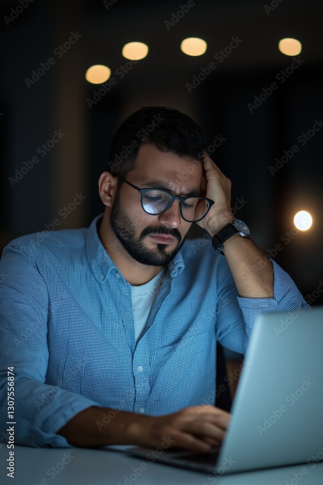 Poster a man wearing glasses is sitting at a table with a laptop in front of him. he is working or studying