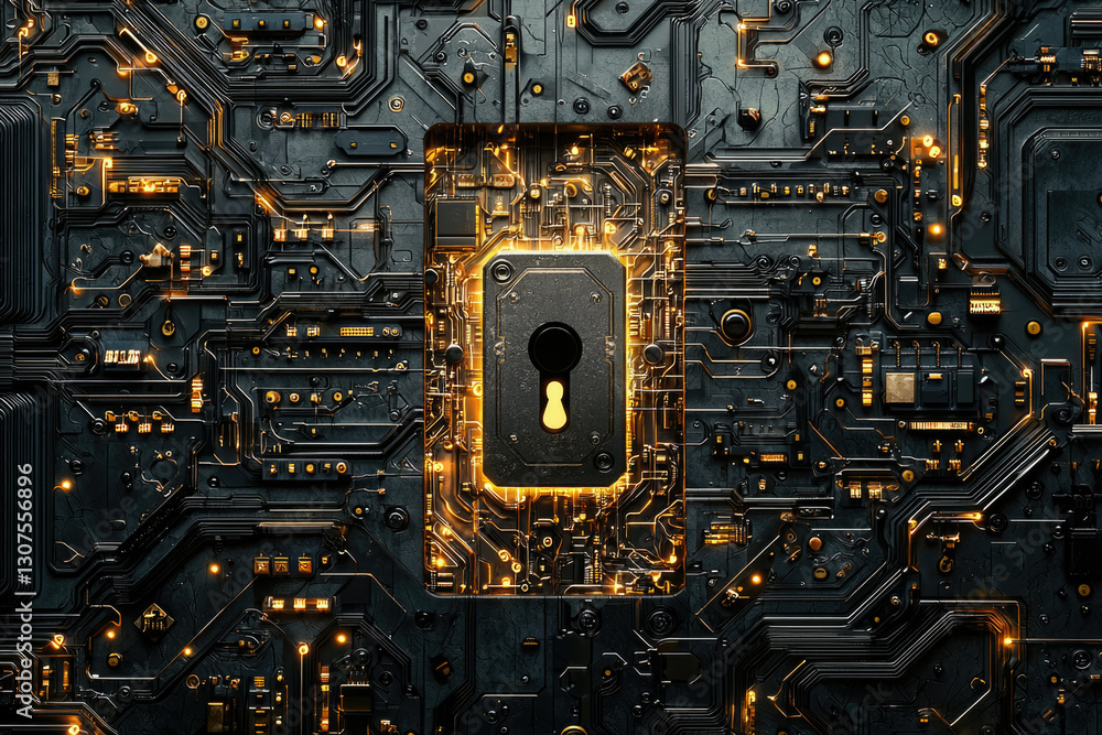Poster Abstract digital art depicting a keyhole within a circuit board, symbolizing cybersecurity and data protection.