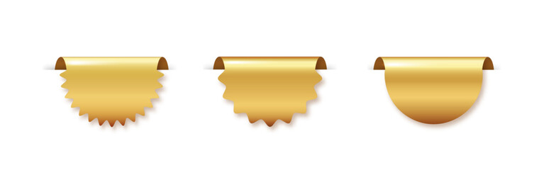 Gold tag set isolated. Realistic vector golden sales promotion banners, labels, ribbons collection for online shopping PNG