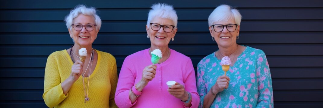 Three women in glasses and pink shirts holding ice cream cones. They are smiling and seem to be enjoying themselves