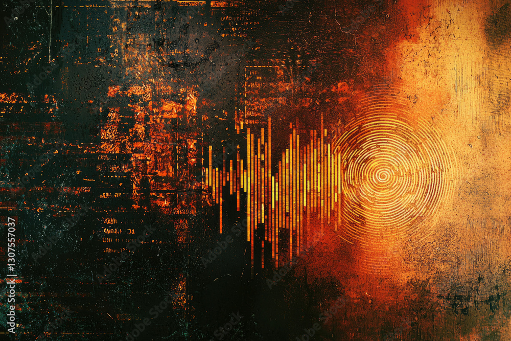 Poster abstract grunge artwork with sound wave visualization and concentric circles, fiery orange and dark 
