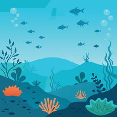 Naklejka premium Beautiful Ocean View with Marine Animals. Deep Blue Sea vector Illustration