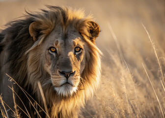 Fototapeta premium A majestic male lion resting in the tall grass of the African savanna during the golden hour