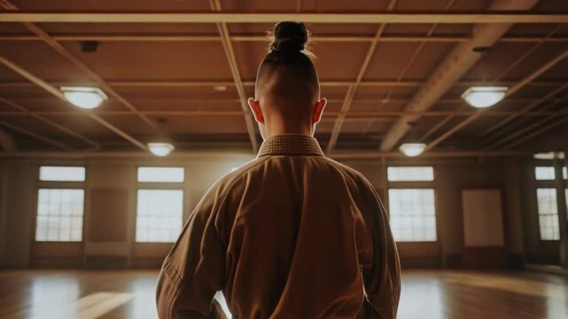 Young martial artist standing in empty traditional dojo, wearing white keikogi, facing away with disciplined posture under soft sunlight filtering through window