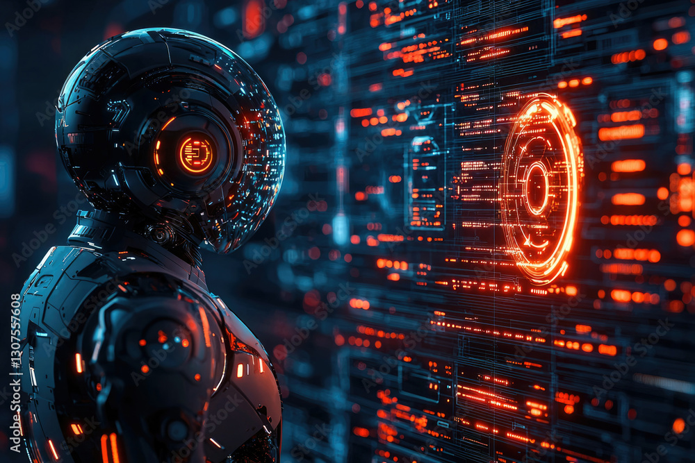 Leinwandbilder a futuristic robot observes a glowing digital interface filled with complex code and data streams.