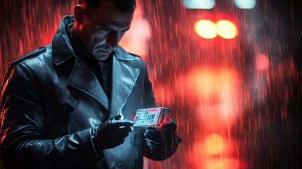 Cyberpunk detective investigating high tech crime in rain. Generative ai illustrations