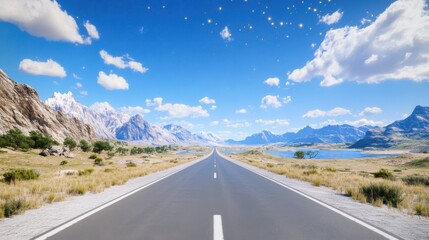 Fototapeta premium A long road cuts through nature, merging into a surreal realm of stars and floating rocks. The sky blends day and cosmos—reality slowly fades into a dreamlike escape